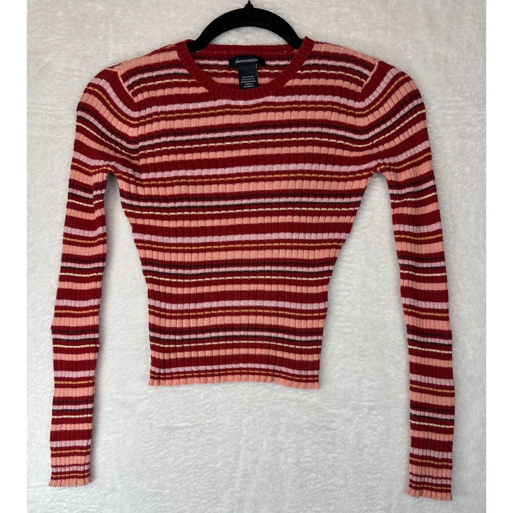 Abercrombie Ribbed Knit Sweater Womens Medium Red Pink Striped Long Sleeve
